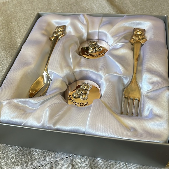 VTG boxed silver plate 4 pc baby gift set Teddy Bear Roth & curl box Spoon Fork - Picture 7 of 10